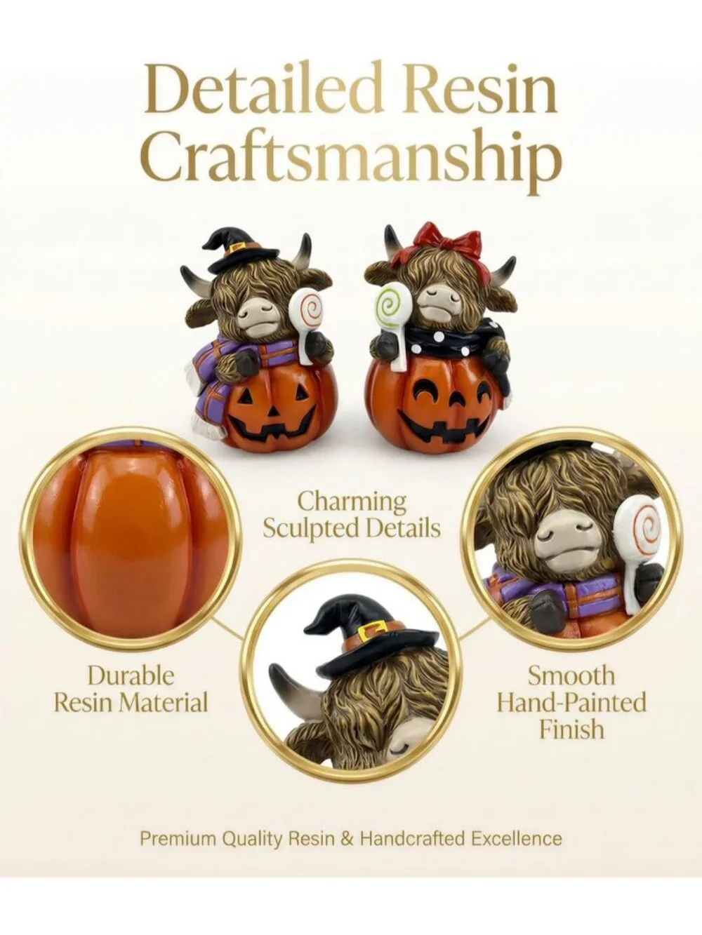Highland Cow Jack Lantern Orange Brown Figurine Halloween Resin Farmhouse Décor